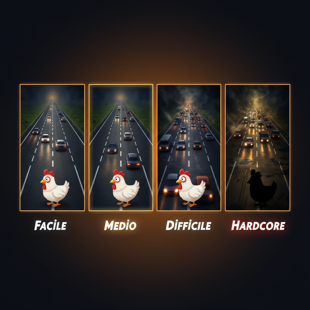 Confronto visivo dei quattro livelli di difficoltà in Chicken Road 2: Facile, Medio, Difficile e Hardcore affiancati