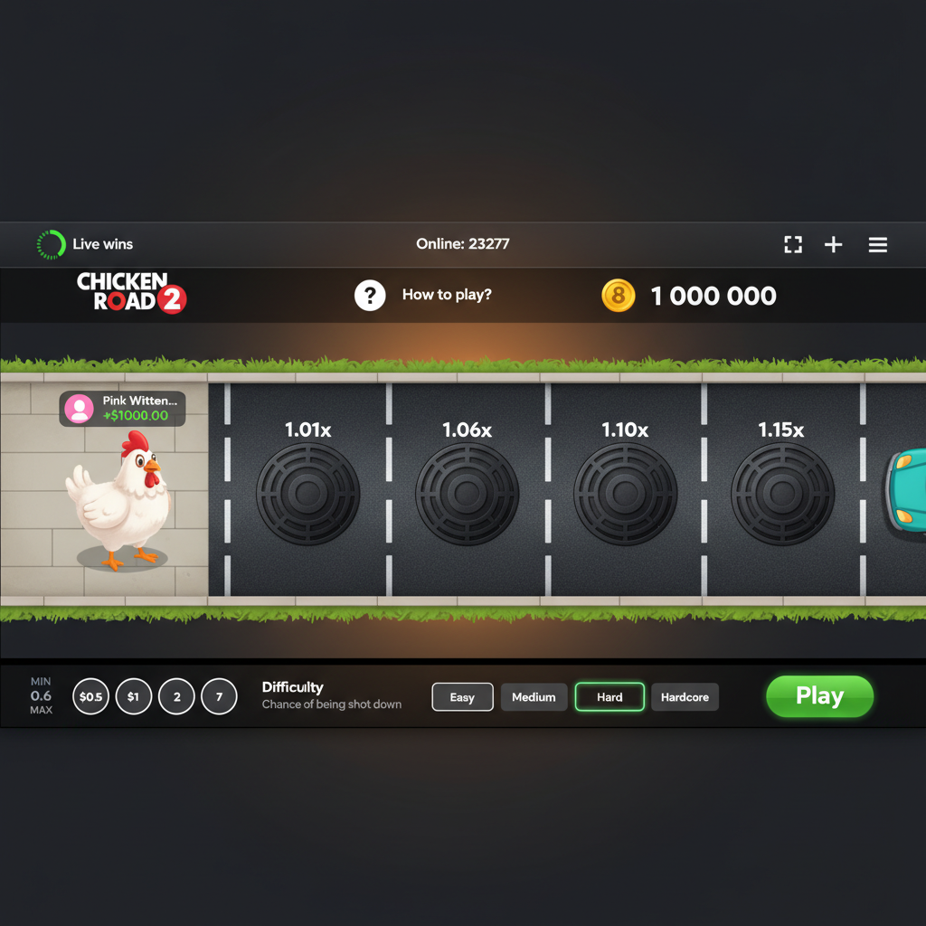 Panoramica completa dell'interfaccia di Chicken Road 2 con pannello puntate, griglia corsie e indicatore moltiplicatore