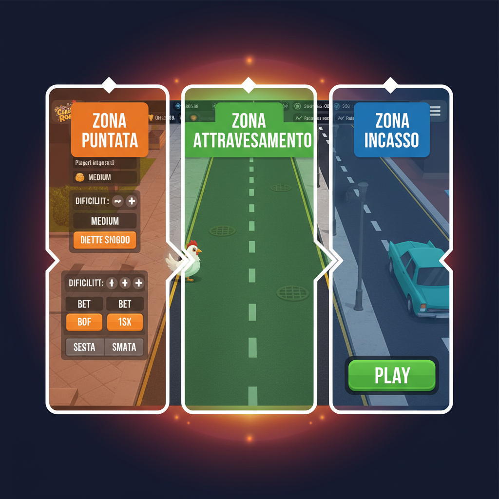 Diagramma delle tre zone di gioco in Chicken Road 2: zona puntata, zona attraversamento, zona incasso