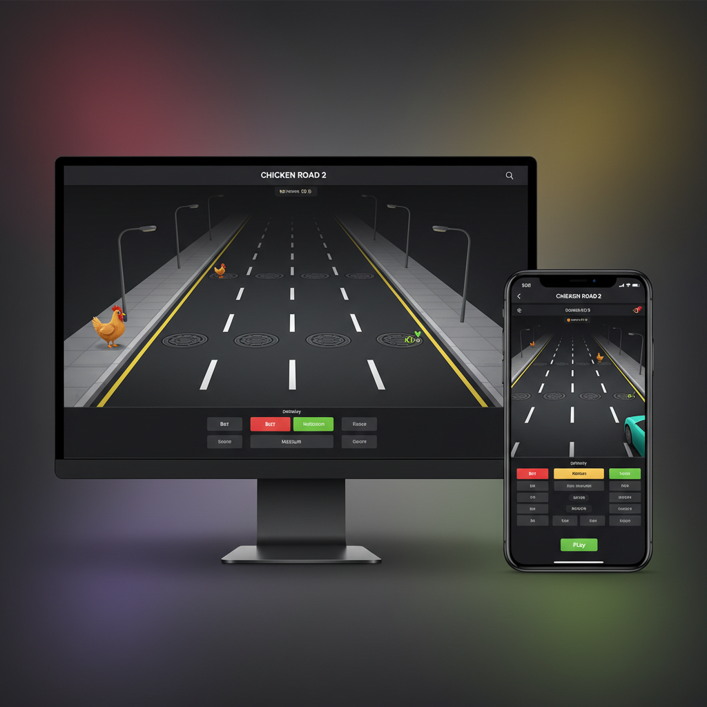 Mockup di Chicken Road 2 su desktop e smartphone affiancati, mostrando l'interfaccia responsive